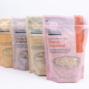 Four upright pouches of overnight oats for new mums and breastfeeding mums