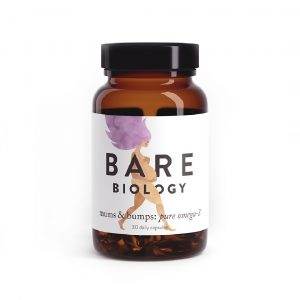 Front on photograph of glass jar containing Mums & Bumps omega 3 capsules by Bare Biology